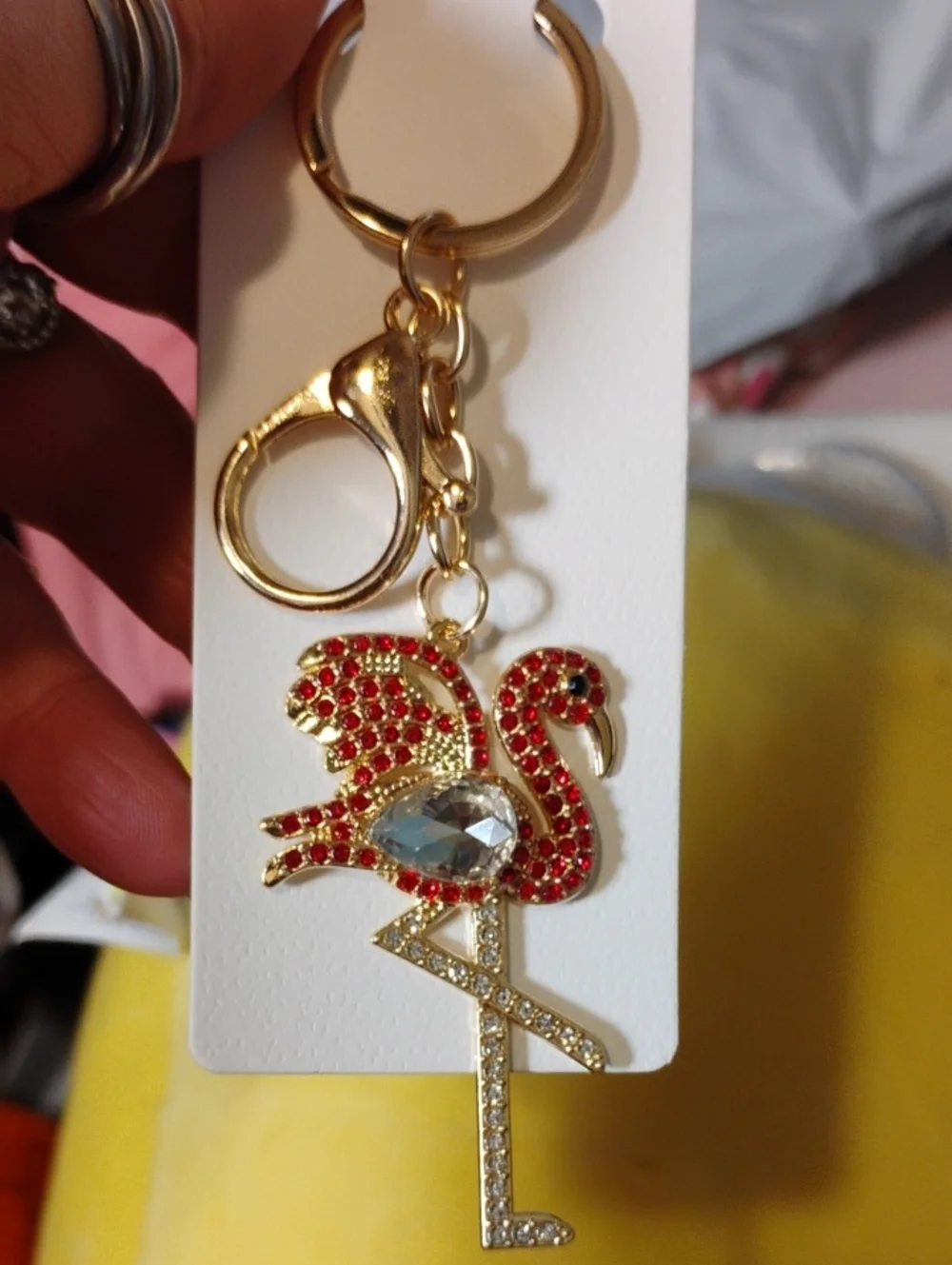 Gold Flamingo Keychain Bag Charm with Red Crystal Accents
